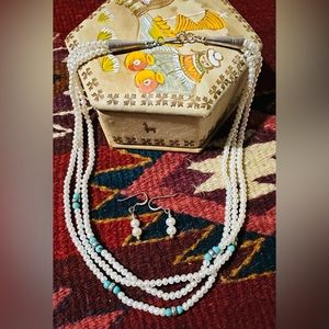 SS VINTAGE SIGNED NATIVE PEARLS AND TURQUOISE BALLS , MATCHING EARRINGS SET